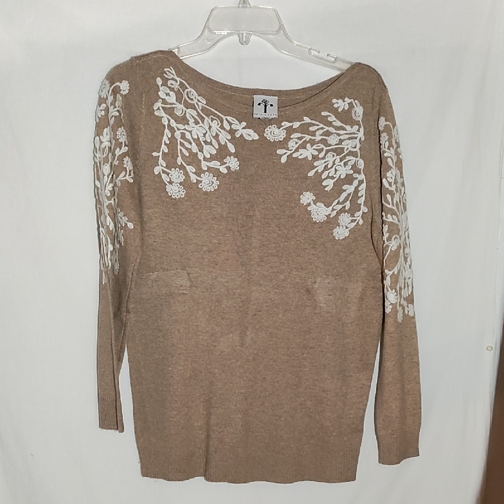 Rain+Rose Stylish Tan Sweater with White Floral embroidery designs M